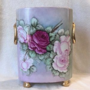 Vintage Limoges 12” Cache Pot Large Vase Pink Roses Guerin France Hand Painted